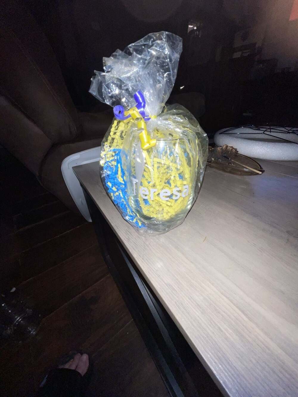 Custom teachers Teresa Glass Gift Basket Yellow Blue Shredded Paper